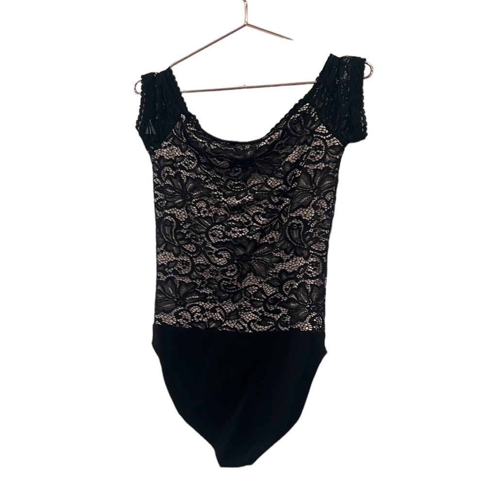 Express black lace off the shoulder ruffle bodysuit size small.